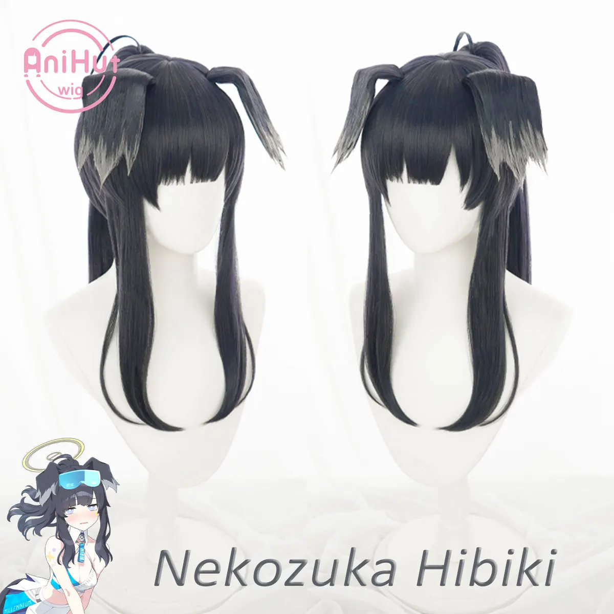 

【AniHut】Nekozuka Hibiki Black 48cm Cosplay Wig without ears Blue Archive Heat Resistant Synthetic Hair Nekozuka Hibiki Cosplay