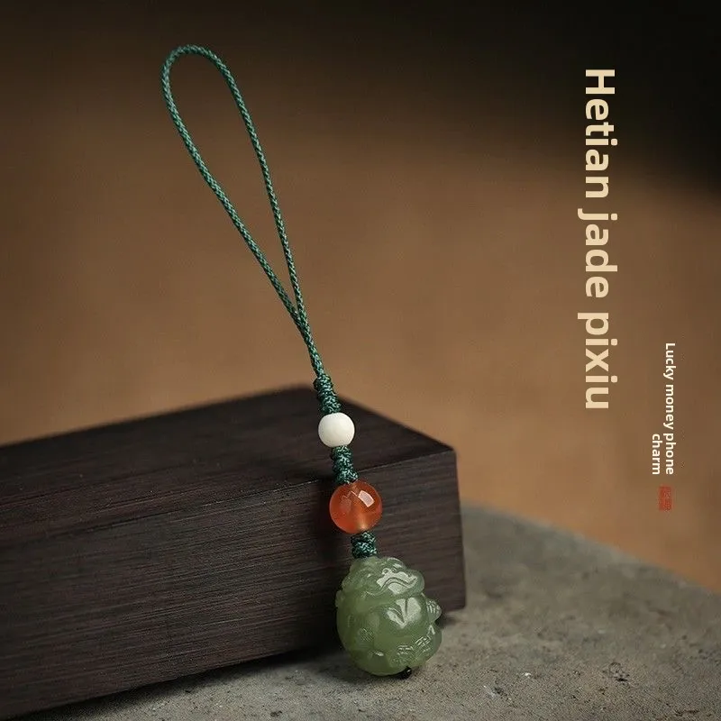 Natural Hetian Jade Pixiu Charm Lucky Fortune Attracting Phone Strap Bag Pendant For Women Men Couple Auspicious Amulet Jewelry