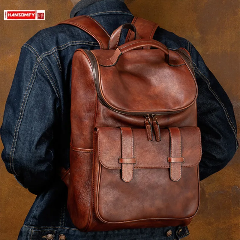 

Vintage Fashion Leather Men's Backpack Large Capacity First Layer Cowhide Computer Bag Travel Backpacks Leisure Schoolbag 2024