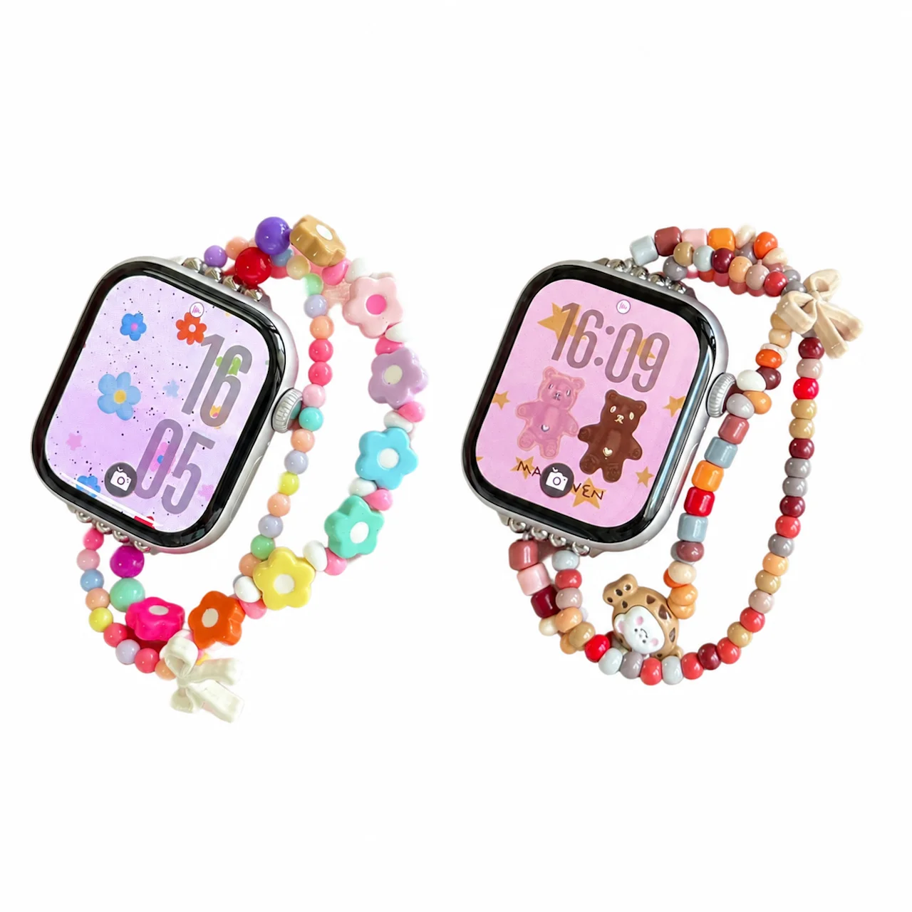Cute Flower Bear Charm Beaded Strap For Apple Watch Ultra SE 11 10 9 8 7 Kawaii Sweet Double Strand Colorful Girls Wristband