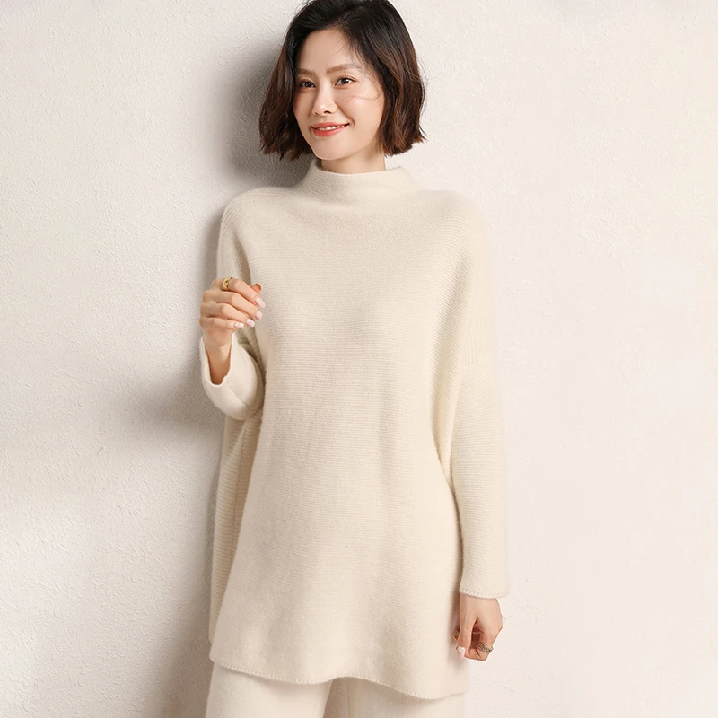 Autumn and Winter  New Women's Half High Collar Thickened Cashmere Sweater Medium Long Sweater Loose Knit Bottoming Shirt