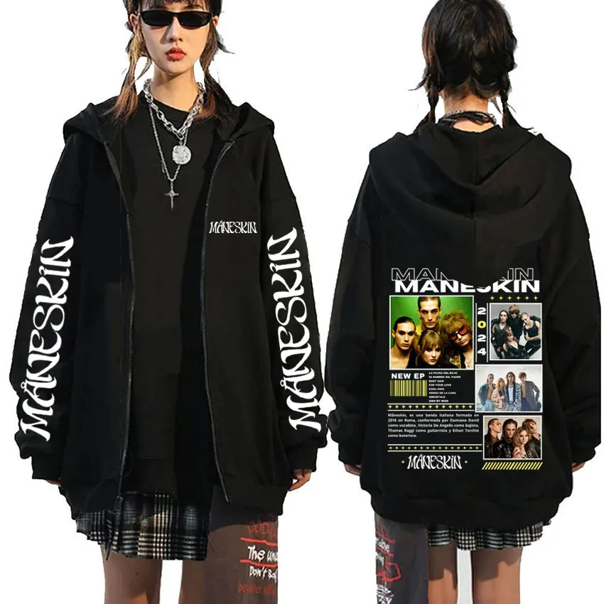 

Italian Rock Band Maneskin 2024 World Tour Zipper Hoodie Men Women Fleece Long Sleeve Oversized Zip Up Jacket Vintage Streetwear