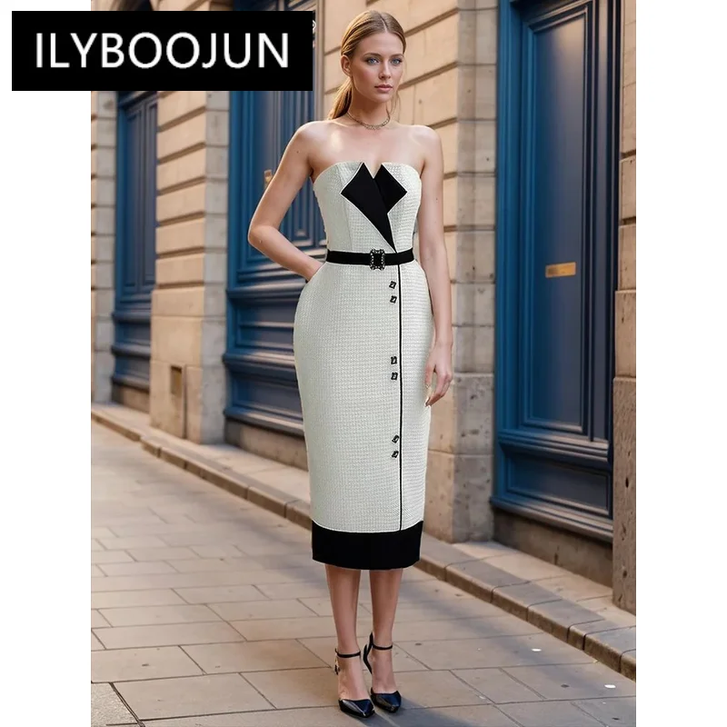 

ILYBOOJUN Colorblock Temperament Spliced Belt Dress For Women Strapless Sleeveless Tunic Designer Formal Dresses Female New