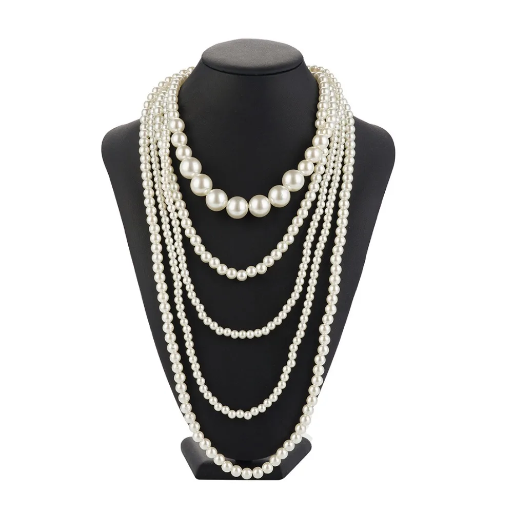 Vintage-Halskette mit Imitationsperlen, Art-Deco-Flapper-Zubehör für Damen, weiße mehrschichtige Imitationsperlen-Halsketten