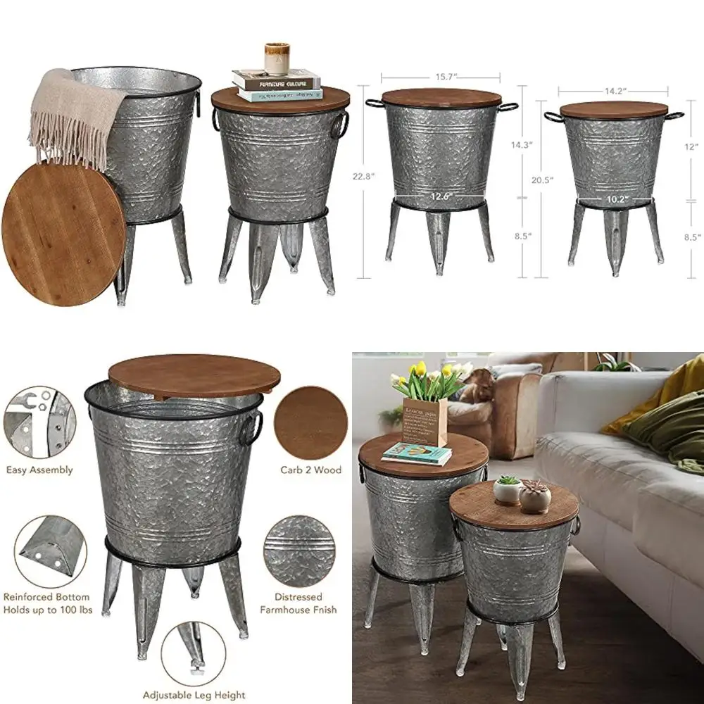 

Rustic Farmhouse Accent Side Table, Antique Galvanized Metal with Round Wooden Top for Coffee or Cocktails