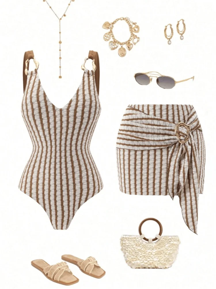 Women Two Piece Swimsuit Set Deep V Neck Metal Ring Strap Brown White One Piece Bathing Suit With Twist Knot Metal Buckle Wrap