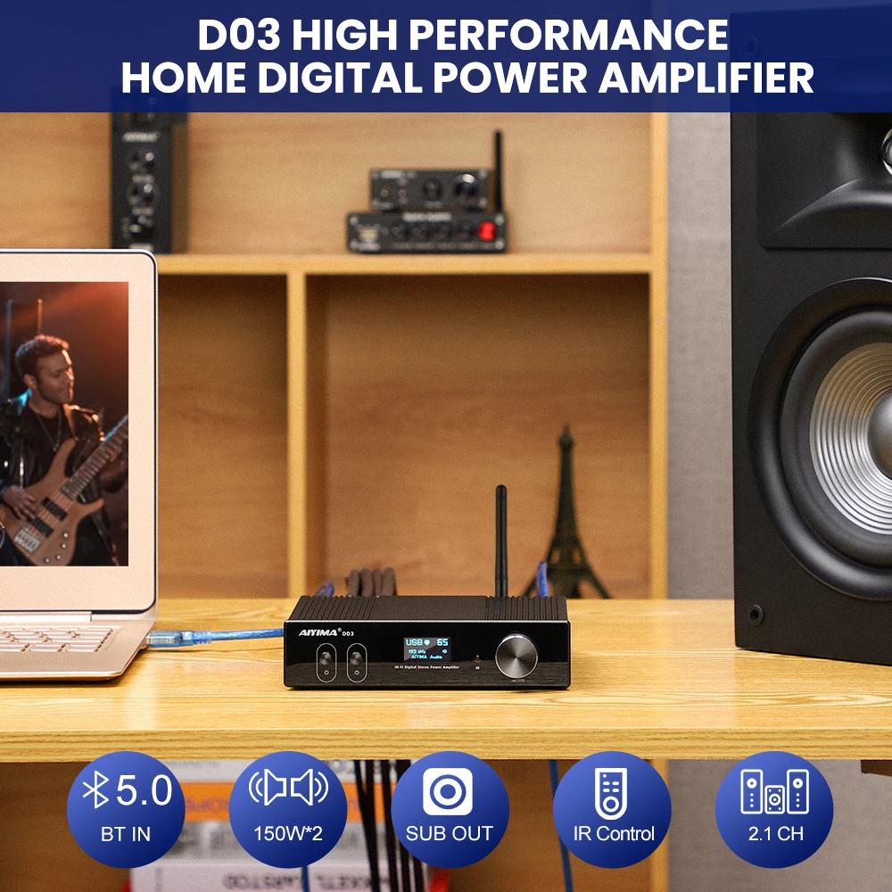 AIYIMA D03 HiFi Bluetooth 5.0 Audio Amplifier 2.1 Wireless Digital Sound Power Subwoofer Amplificador USB DAC Stereo Audio150Wx2