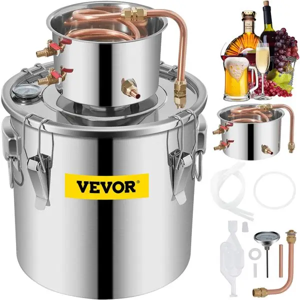 VEVOR Alkohol Masih 8Gal 30L Baja Tahan Karat Air Penyuling Alkohol Tabung Tembaga Kit Pembuatan Bir Rumah Termometer Bawaan untuk DIY W