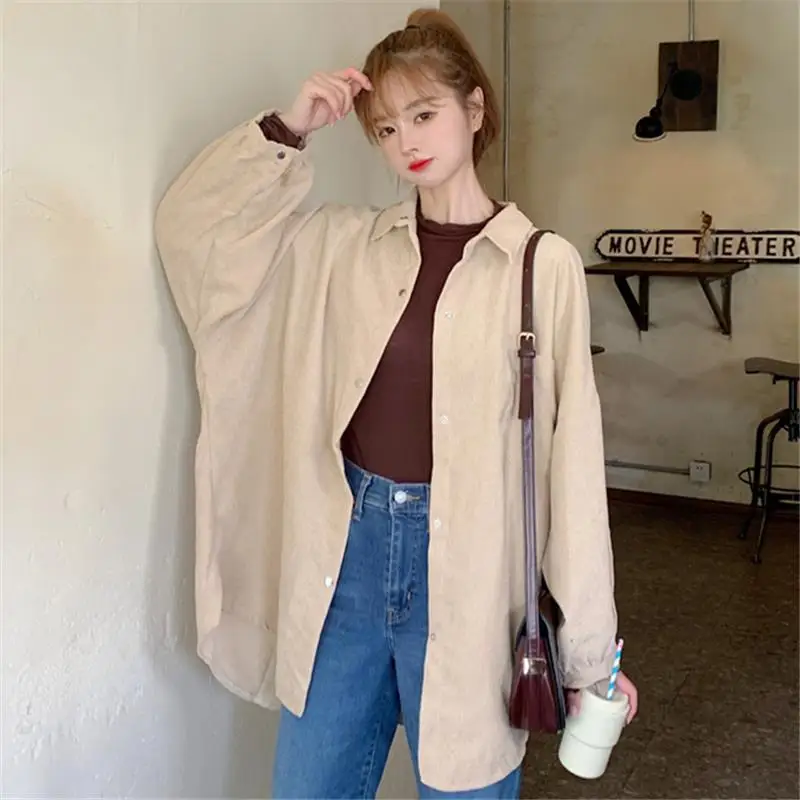 Vintage Corduroy Shirt Tops Women\'s Spring Autumn New Loose Korean Long Sleeve Solid Color Youth Blouse Casual Fashion Clothing