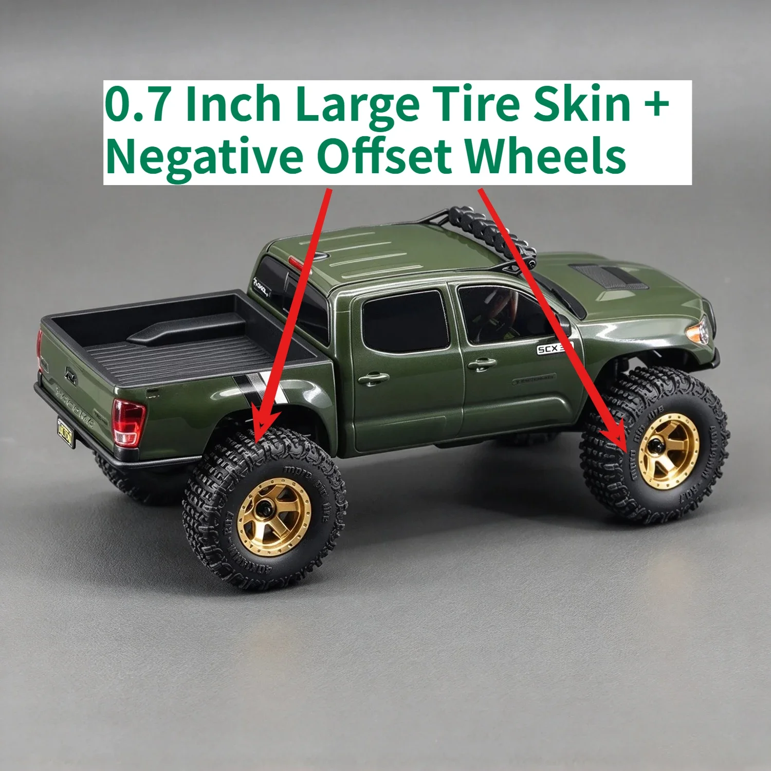 Custom 0.7 Inch Large Tire Skin & Negative Offset Wheels For 1/30 Axial SCX30 Green Heavy Duty RC Crawler Upgrade Accessories