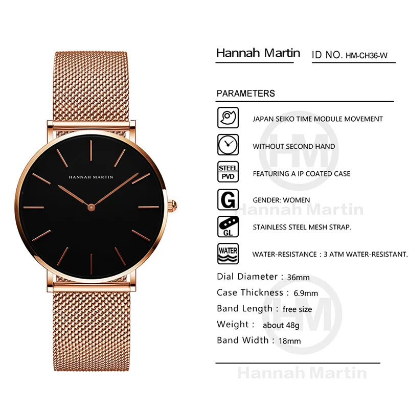 Hannah Martin Women Watch Japan Quartz Movement Simple Waterproof Rose Gold Stainless Steel Mesh Ladies watch relogio feminino