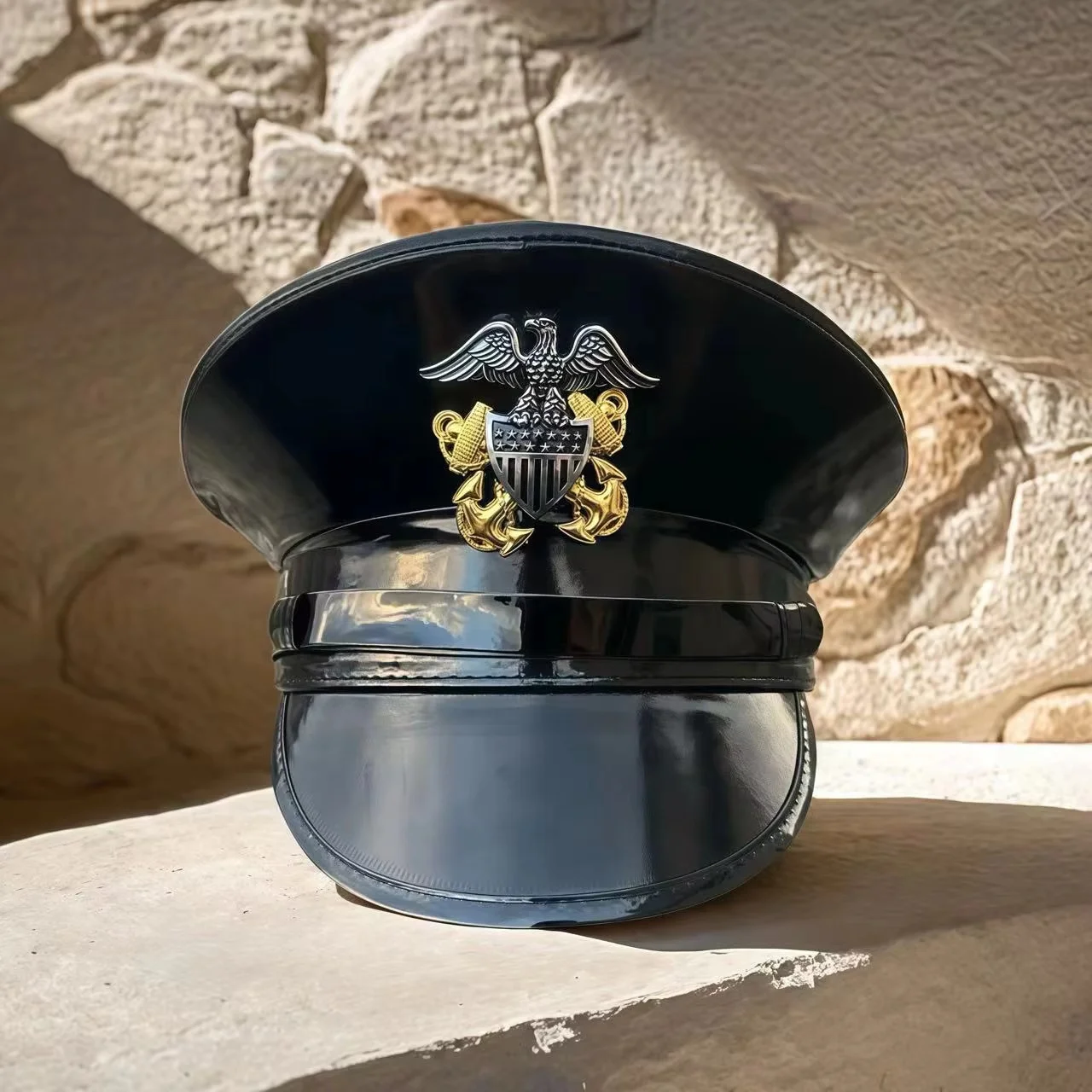 

HongLuan Laser Leather Captain Hat Rhinestone & Military Caps for Woman, Rave Festivals Accessories ＆ Party Cap Man Cosplay Fem