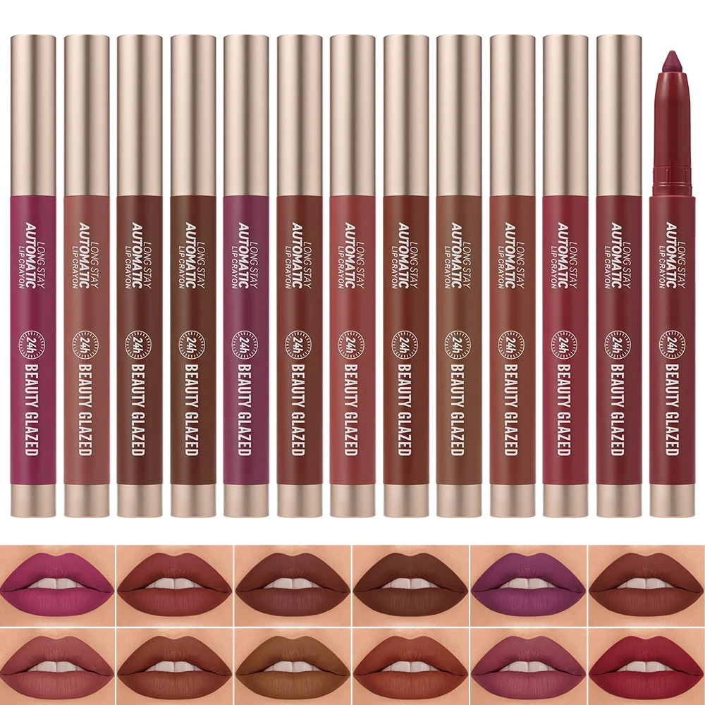 Lápiz labial Beauty Glazed de 12 colores, lápiz labial automático de larga duración, sin manchas, de larga duración, crea un estilo de labios tridimensional