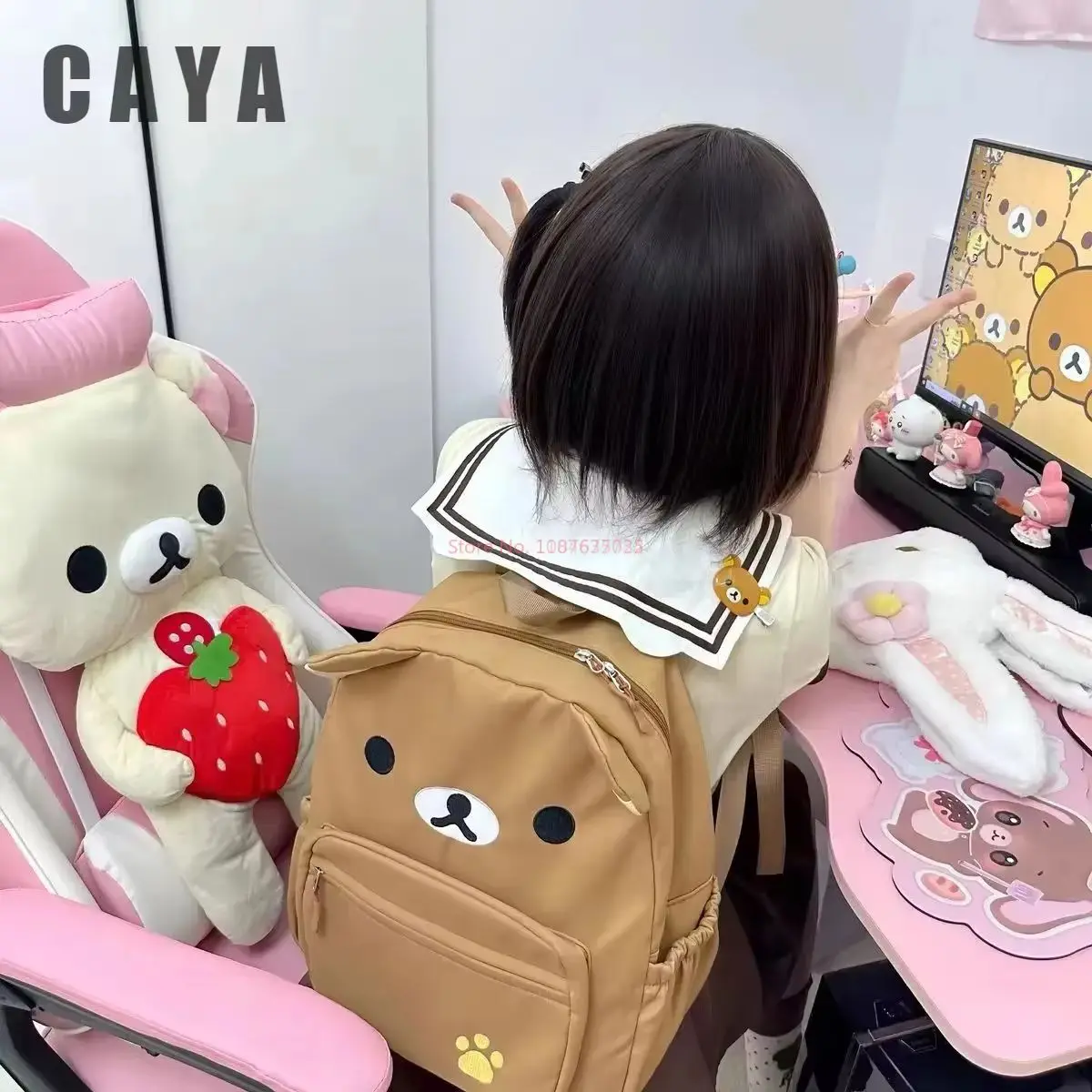 حقيبة ظهر Kawaii Rilakkuma أنيمي الكرتون التطريز على ظهره أنيقة ذات سعة كبيرة حقيبة مدرسية للطلاب حقائب نايلون متعددة الوظائف