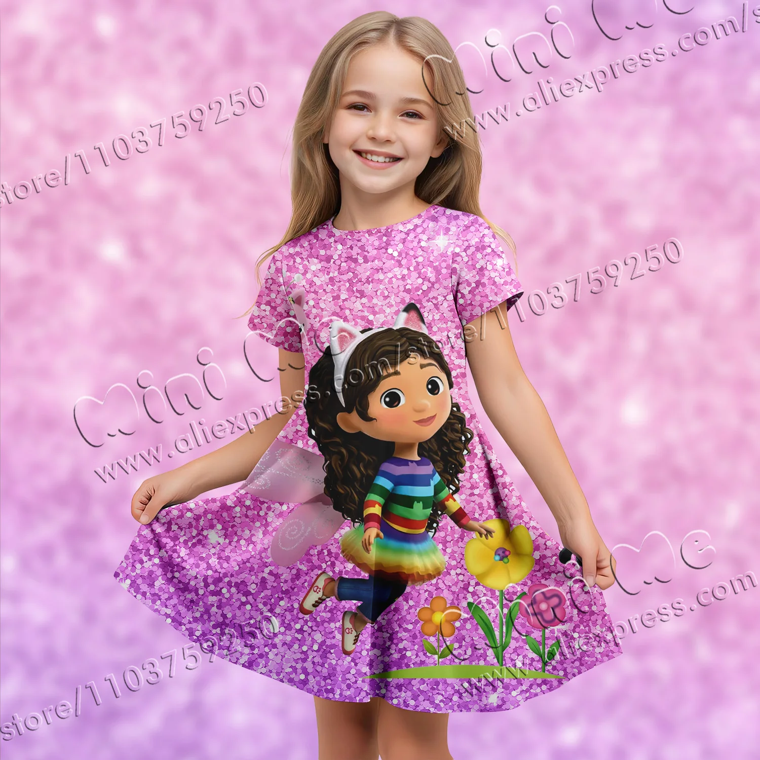 MINISO Authorized Sequins 3d Printing Gabby Dollhouse Elegant Dresses Girl Clothes Summer Dress Holiday Dress 2024 Children