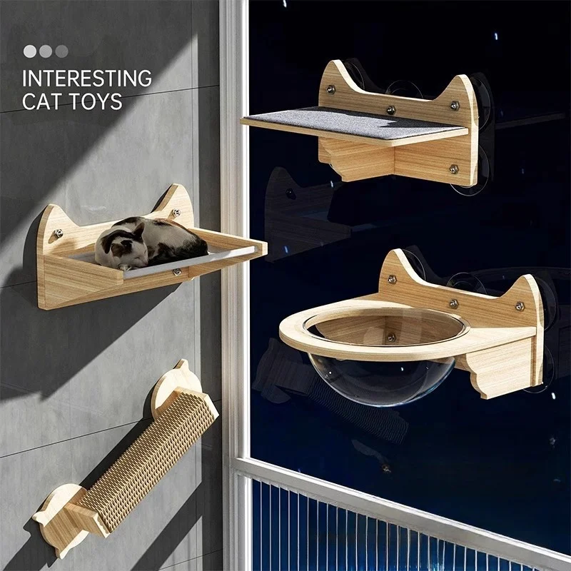 

Cat Window Perch Hammock Bed Wooden Window Mounted Cat Wall Furniture with Strong Suction Cups Hanging Window Shelf for Cat