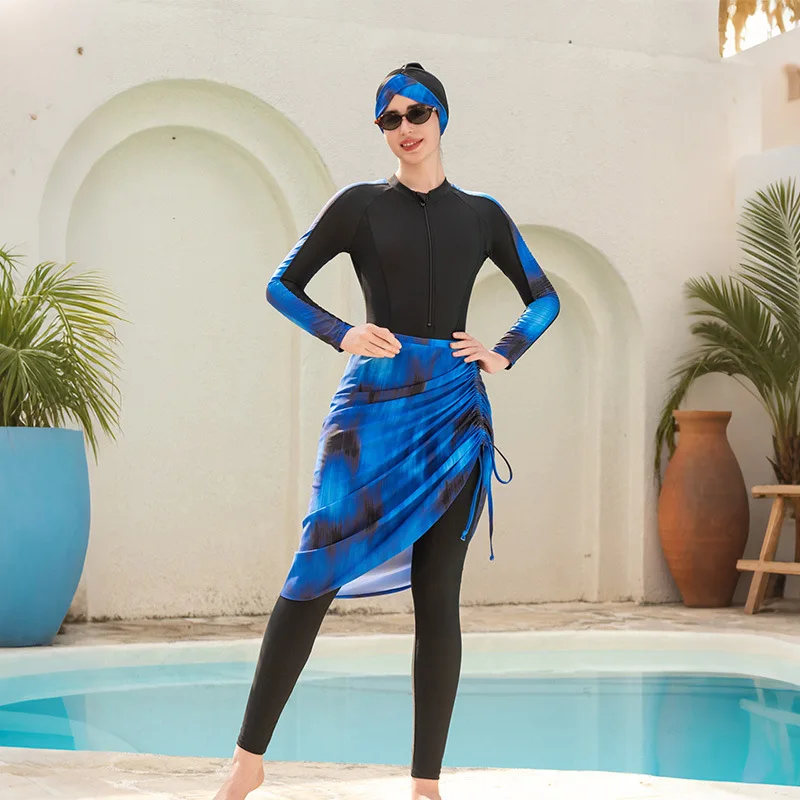 2026 3‑Piece Modest Muslim Swimsuit Burkini Long‑Sleeve Front Zip Tie‑Dye Skirt Conservative Bathing Suit Beach Pool Swimwear