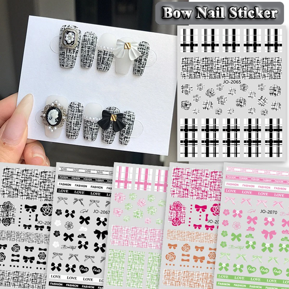 Bow Nail Stickers High-end Plaid Pattern Black Rose Love Text Design Nail Art Decoration Decals