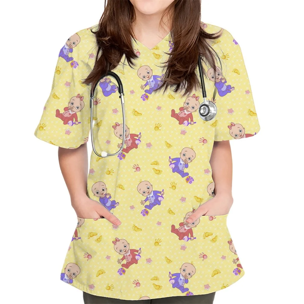 Женские футболки, рабочая форма с v-образным вырезом для женщин, милые топы с 3D принтом динозавра, милая униформа медсестры с животными, блузка, карманная рабочая одежда