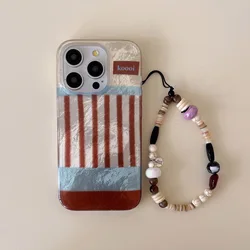 Chic INS Brown Stripes Ripple Texture Double Layers Wrist Chain Phone Case for iPhone 16 15 14 13 Pro Max Back Phone Cover Capa