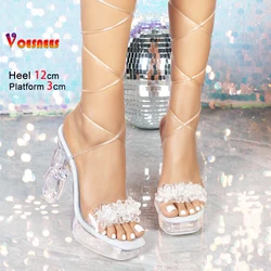 Lace-up Sandals Women Hollow High Heels Square Toe 12CM Summer Nightclub Party Shoes Transparent Ankle Strap Sexy Crystal Sandal