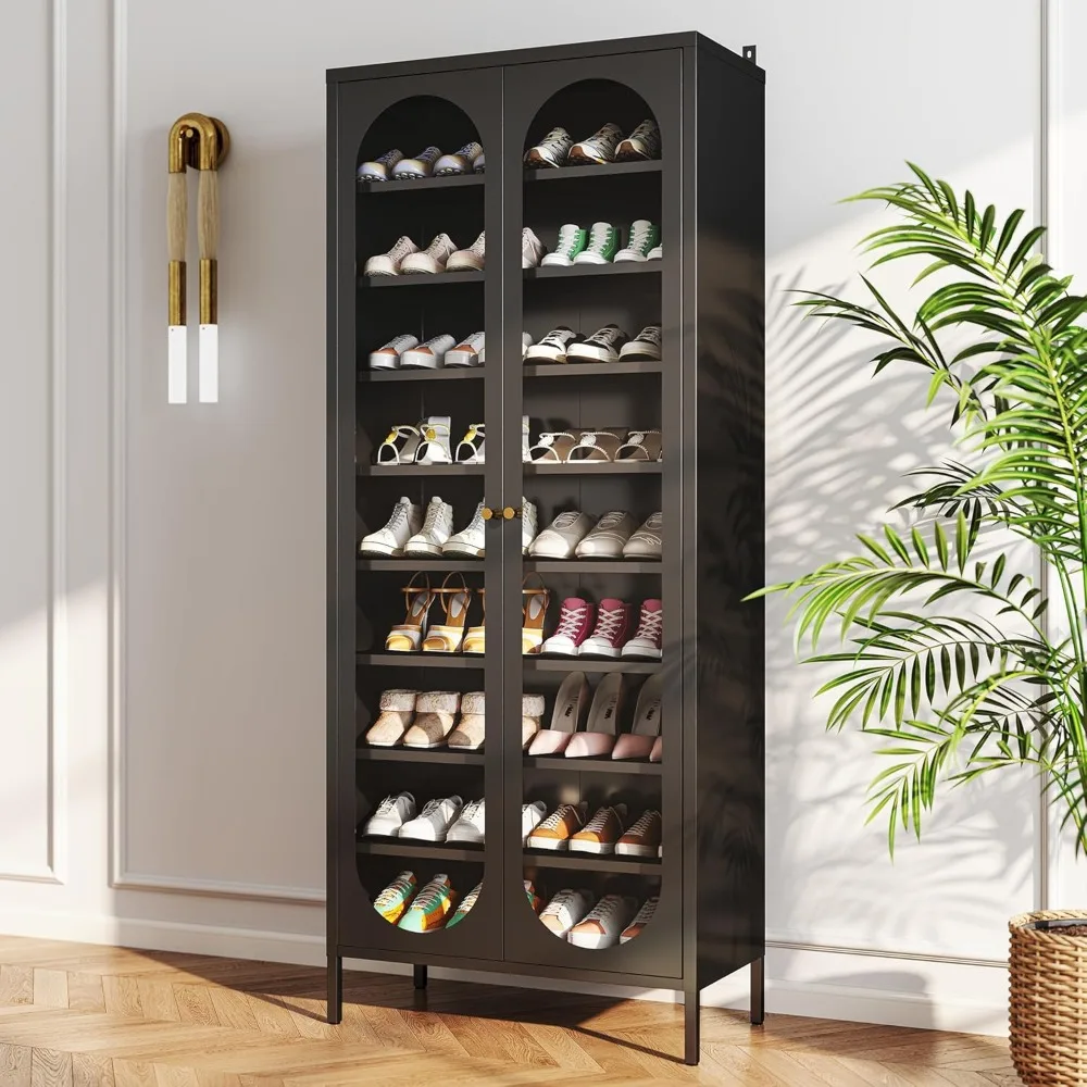 

9-Tier Tall Shoe Cabinet with Glass Doors 67-Inch Metal Shoe Storage Cabinet with 8 Adjustable Shelves, 27-36 Pairs Shoe Organiz