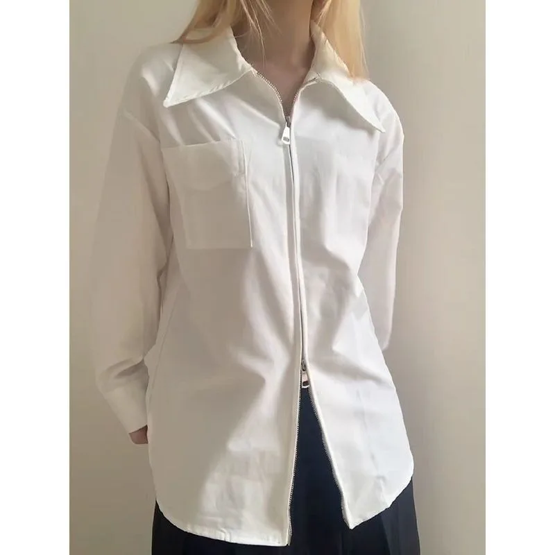 

Zippered White Long-sleeved Shirt for Women Solid Color Cardigan Lapel Casual Commuting Tops