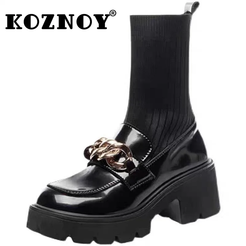 

Koznoy Women Autumn Genuine Leather Shoes 7cm Cow British Winter Ankle Mid Calf Booties Spring Stretch Sock Knitting Boots Plush