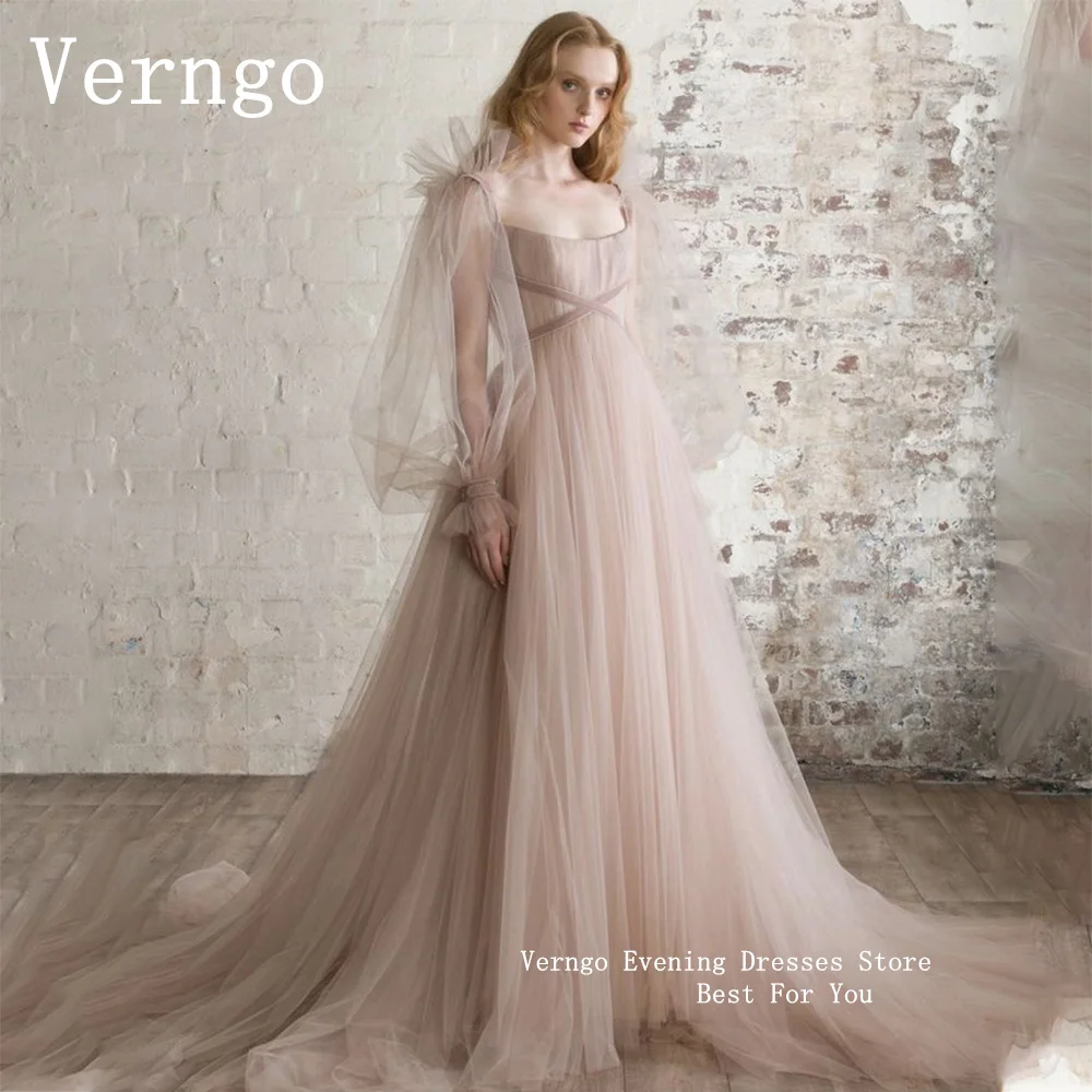 Verngo Blush Pink Tulle Evening Dress Women Elegant A Line Puff Long Sleeves Wedding Party Dress Romantic Sweap Train Prom Dress