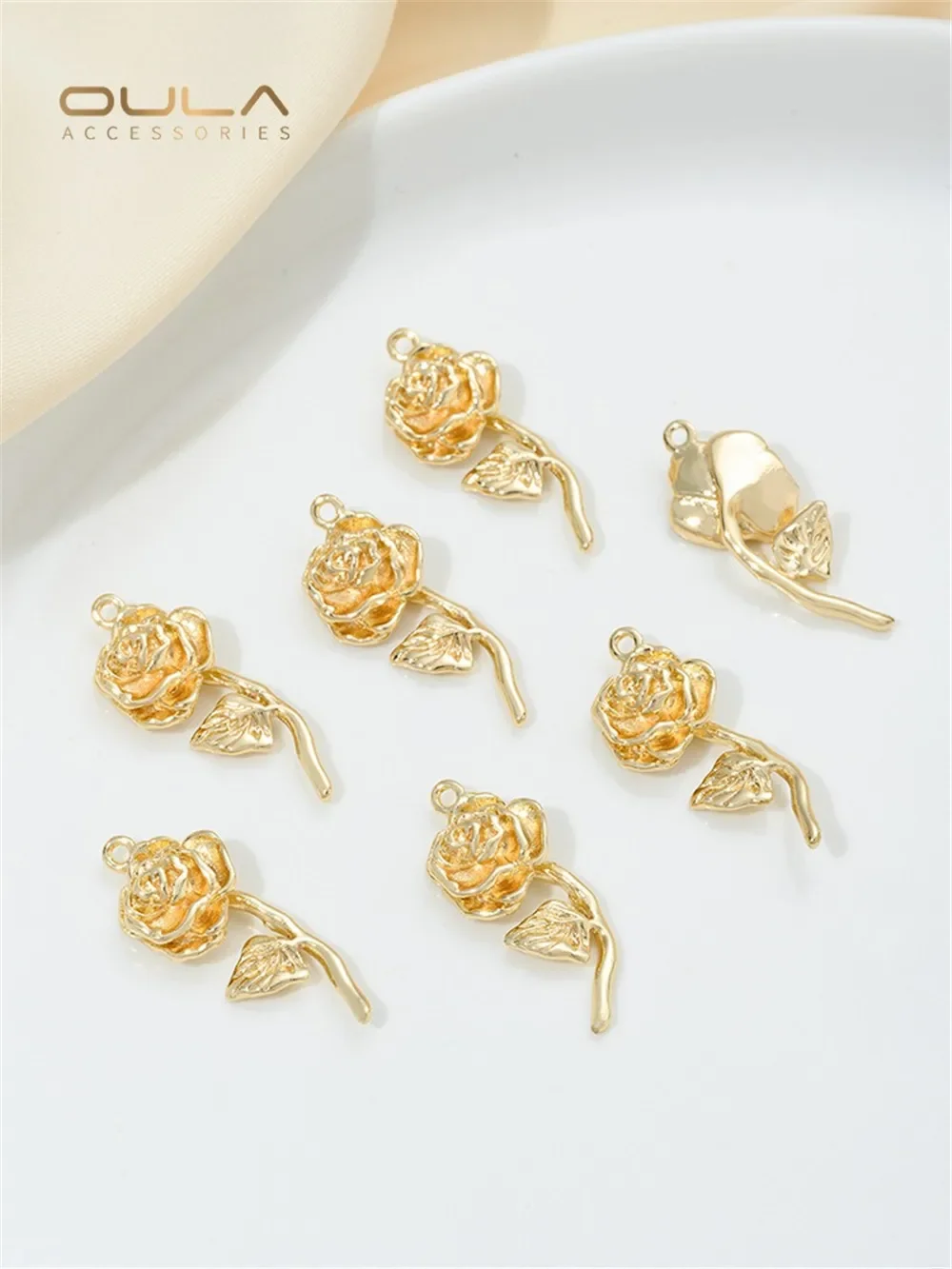 

14K Gold Zircon Rose Frame Branch Leaf Pendant Handmade Earrings Bracelet Diy Jewelry Pendant Accessory Materials
