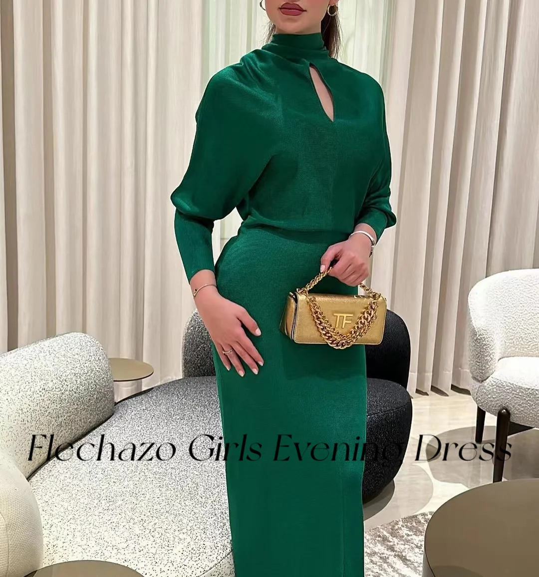 Flechazo Green Sheath Evening Dresses High Neck Cut-Out Ankle-Length Simple Elegant Party Dress For Women 2024 robe de soirée