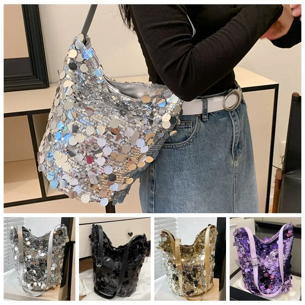 

Luxury Shiny Sequin Crossbody Bag Large Capacity Single Shoulder Evening Clutch Bag Coin Purses Glitter Bucket Bag Dinner