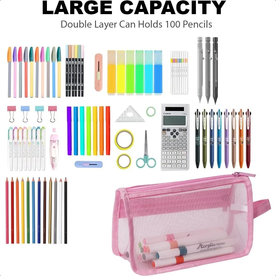 2Pack Grid Mesh Pencil Case with Handle and Zipper Double Layer Clear Pencil Pouch Travel Makeup Bag and Small Toiletry Bag for