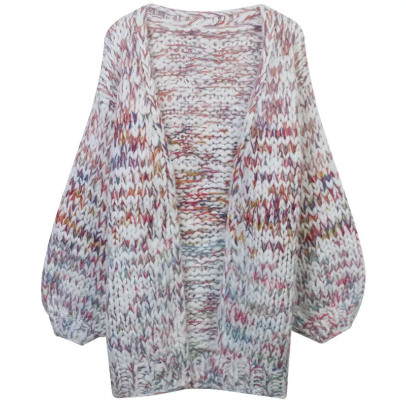 

Autumn And Winter New Contrast Color Heavy Industry Hand Hook Lantern Sleeve Loose Cardigan Women's Sweater