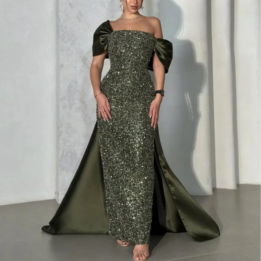 

Modern Off the Shoulder Evening Dress Boat Neck Sheath Floor Length with Sweep Train Sequin Lace Women Customized Party Gown