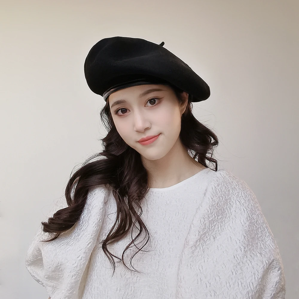 Extra Big Size Wool Beret With PU Binding and Adjustable Ribbon Unisex 34cm Diameter