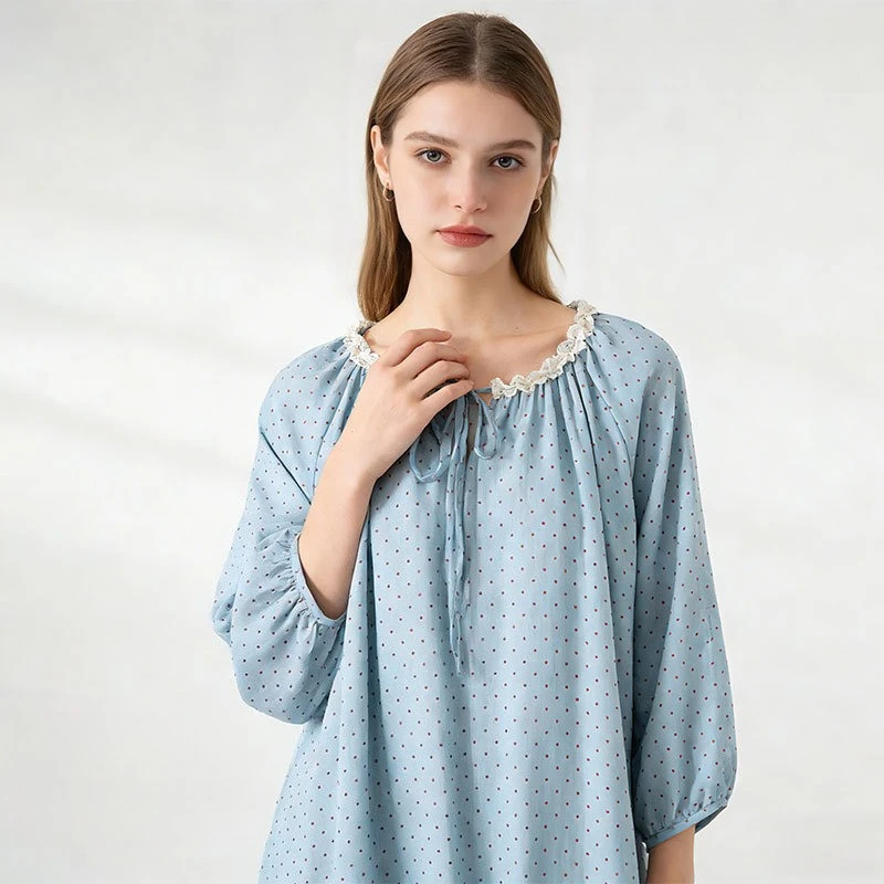 Women's 100% Cotton Double Layer Gauze Nightgown Ultra Soft Lace Trim Polka Dot Drawstring Neck Loose Home Sleep Dress