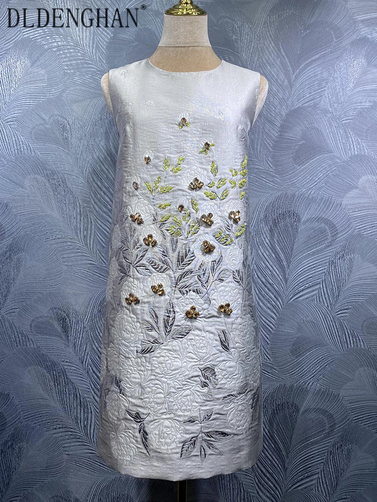 

DLDENGHAN Crystal Diamonds Jacquard Vest Dress For Women O-Neck Sleeveless High Street Mini Dresses Summer Fashion Female