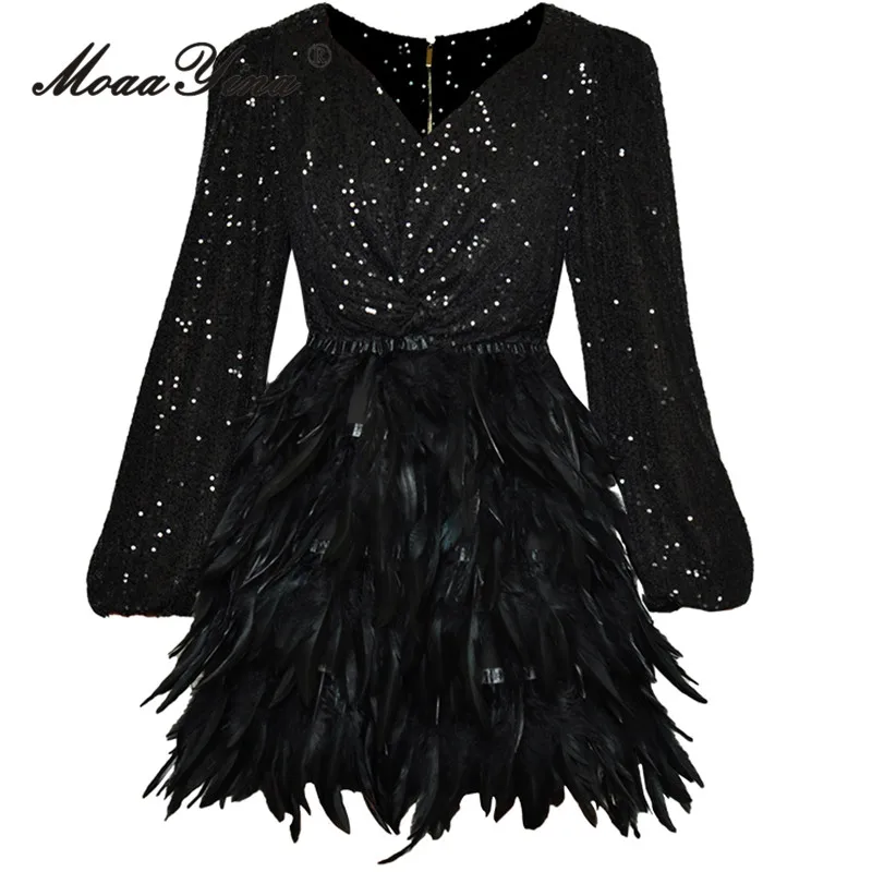 

MoaaYina Summer Fashion Designer Black Vintage Party Dress Women's V Neck Sequins Elastic Waist Feather Spliced Mini Short Dress