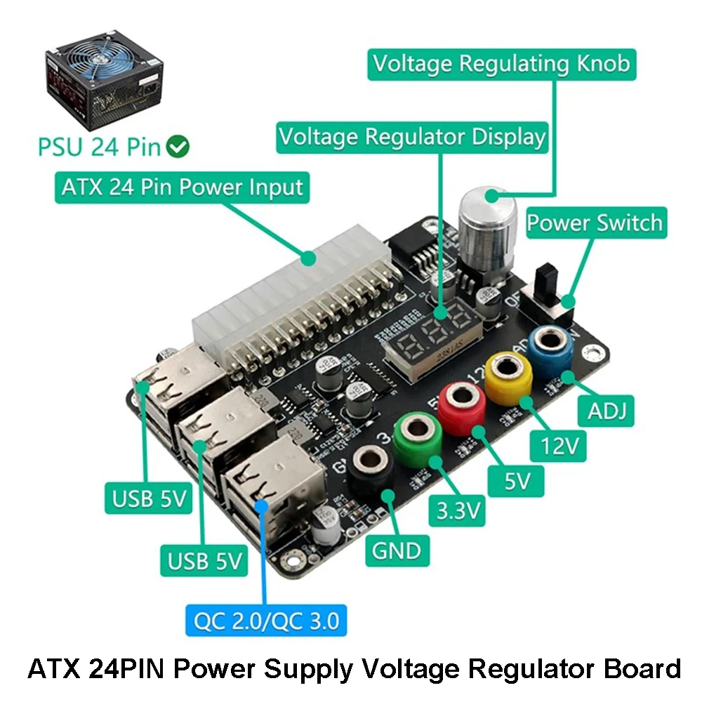 

ATX 24-контактный источник питания, плата регулятора напряжения, коммутационный модуль, разъем адаптера, регулируемый делитель, 6 портов USB 2,0 QC2.0 QC3.0