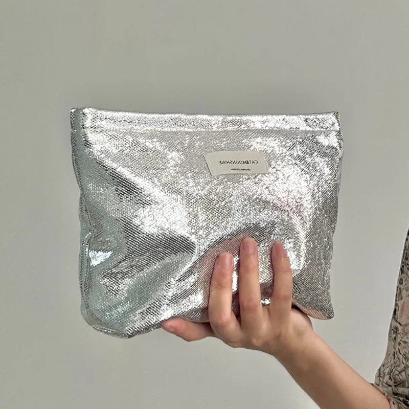 

Simple Shiny Sequins Silver Clutch Cosmetic Handbag Makeup Bag Portable Women Toiletries Skincare Storage Bag Organizer Pouch