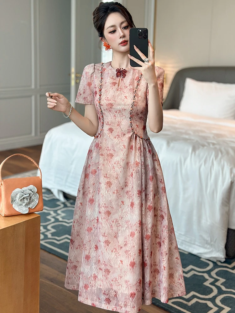 Letnia damska sukienka midi w stylu retro z kwiatowym nadrukiem, elegancka, z kokardą, bufiastymi rękawami, dopasowana, na imprezę, bal, vestidos, odzież damska, nowa