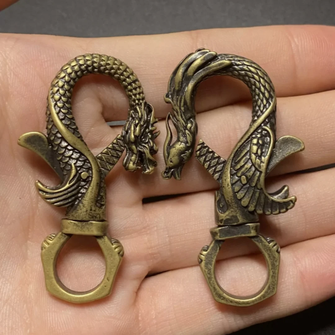 Collection of Chinese brass hand-cast dragon and phoenix keychain hanging ornament 2pcs