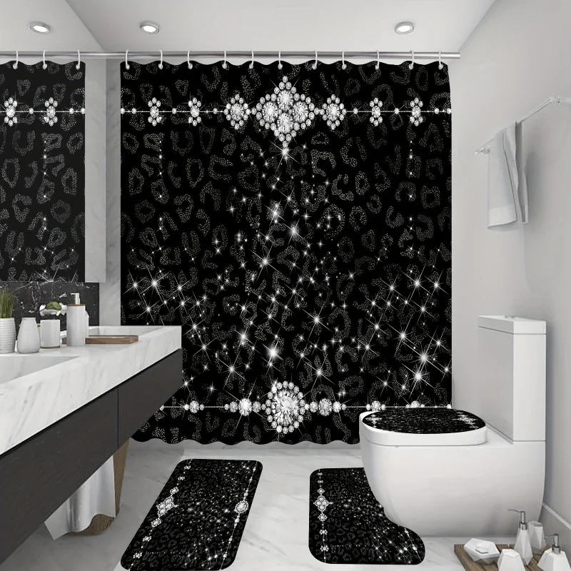 1/4pcs Diamond Glitter Pattern Set, Shower With 12 Hooks, Non-Slip Bath , U-Shaped , Toilet Mat, Bathroom De