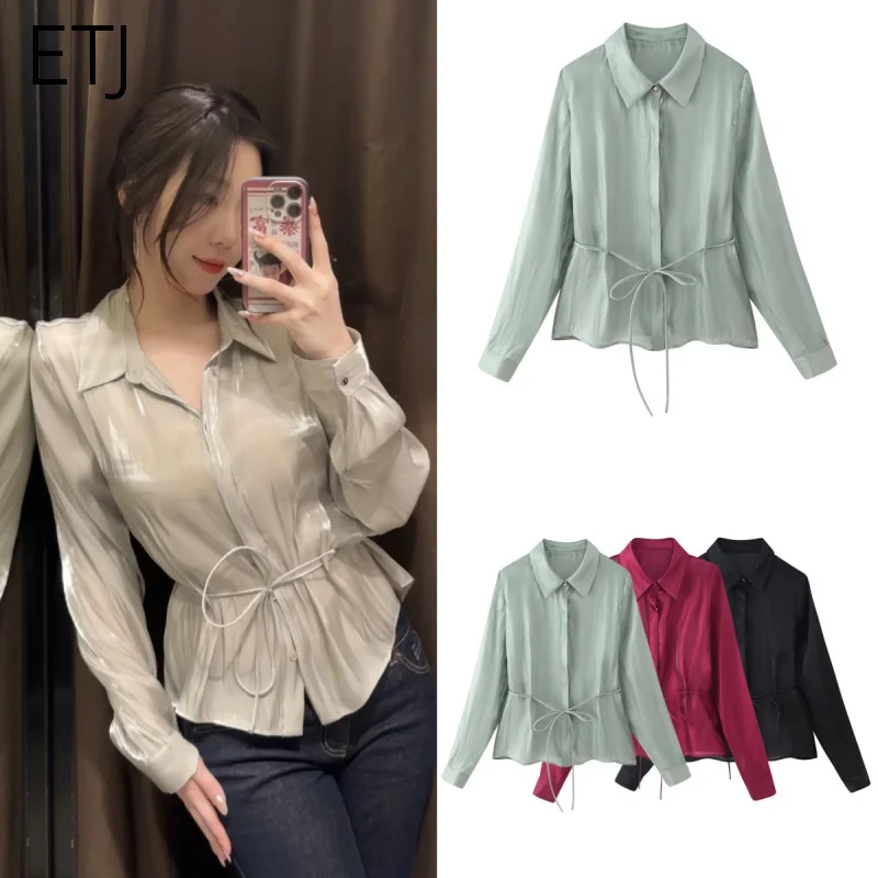 

ETJ женская весенняя новая элегантная блестящая модная рубашка со складками и поясом, повседневная короткая рубашка с длинными рукавами