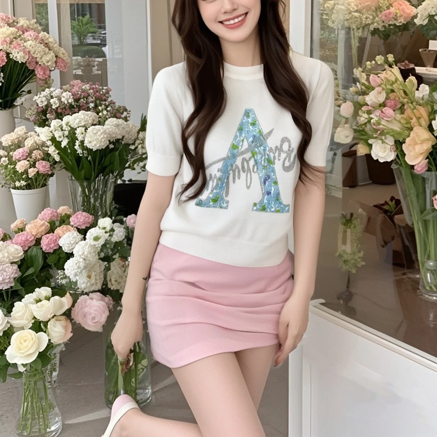 Fashion Short Sleeve Top Women Diamond Micro Transparent Thin Knitted T-shirt Blouse