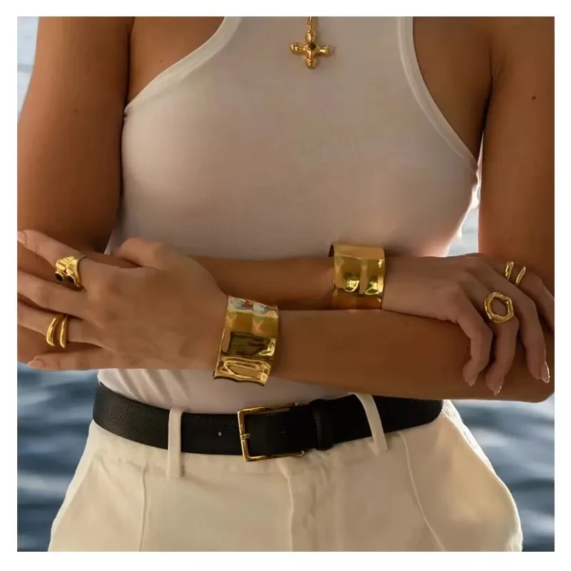 

Irregular Opening Bangle Bracelet Women's High Quality Stainless Steel 18K Gold Plated Exaggerated Cuff Jewelry