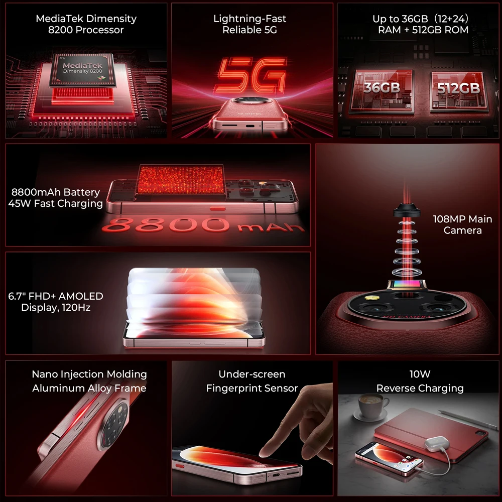 OUKITEL WP210 5G Rugged Smartphone Android 15 MTK 8200 6.7 Inch 12GB RAM 512GB ROM Mobile Phones 108MP 8800mAh 45W Cellphone NFC