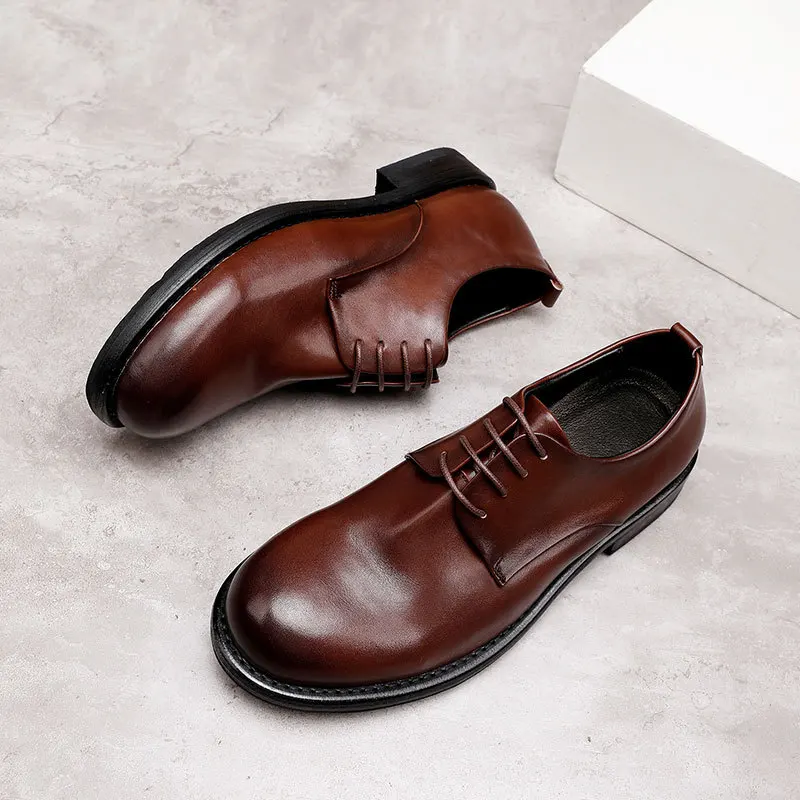 Men's Handmade Goodyear Welt Oxford Shoes - British Retro Chunky Toe Outdoor Casual Leather Shoes with Vintage Wash