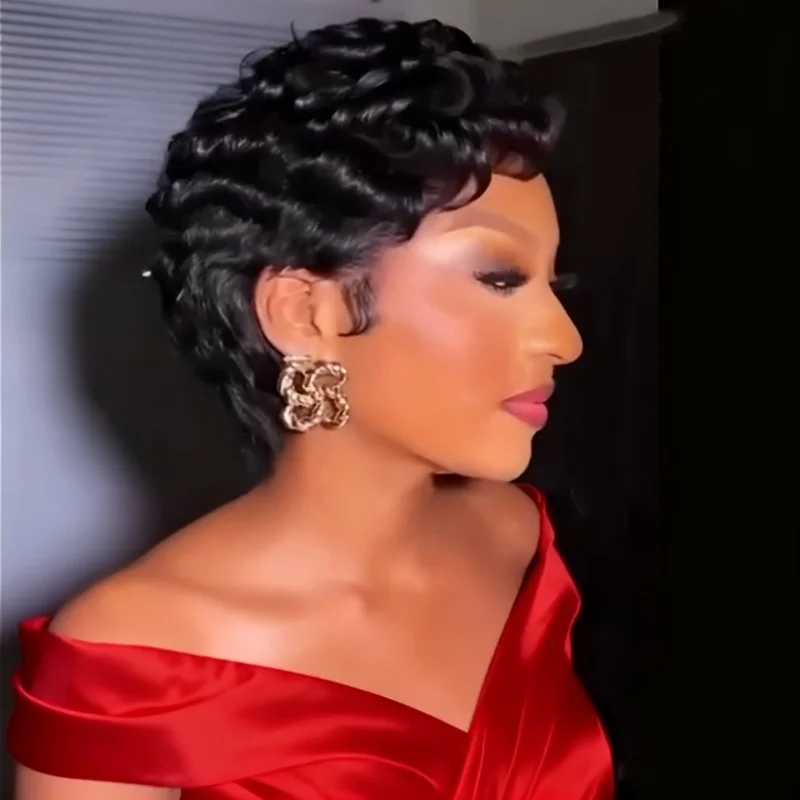 วิกผมสั้นทรงพิกซี่แบบลูกไม้ 13x4 ผมหยิกเด้งดึ๋ง ทำจากผมแท้บราซิลสำหรับผู้หญิงผิวดำ